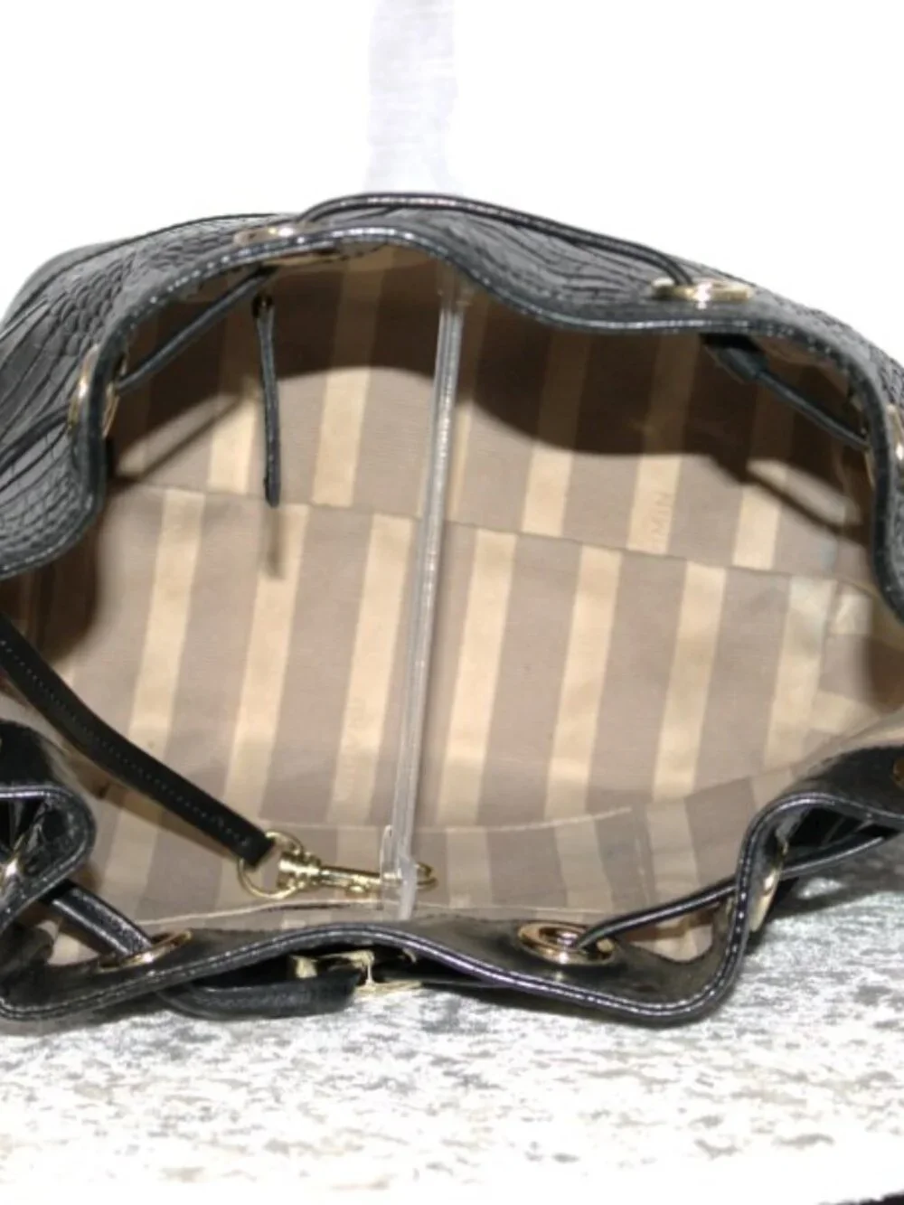 Brahmin Black Leather Bucket Bag Croc Embossed Suede Convertible Crossbody